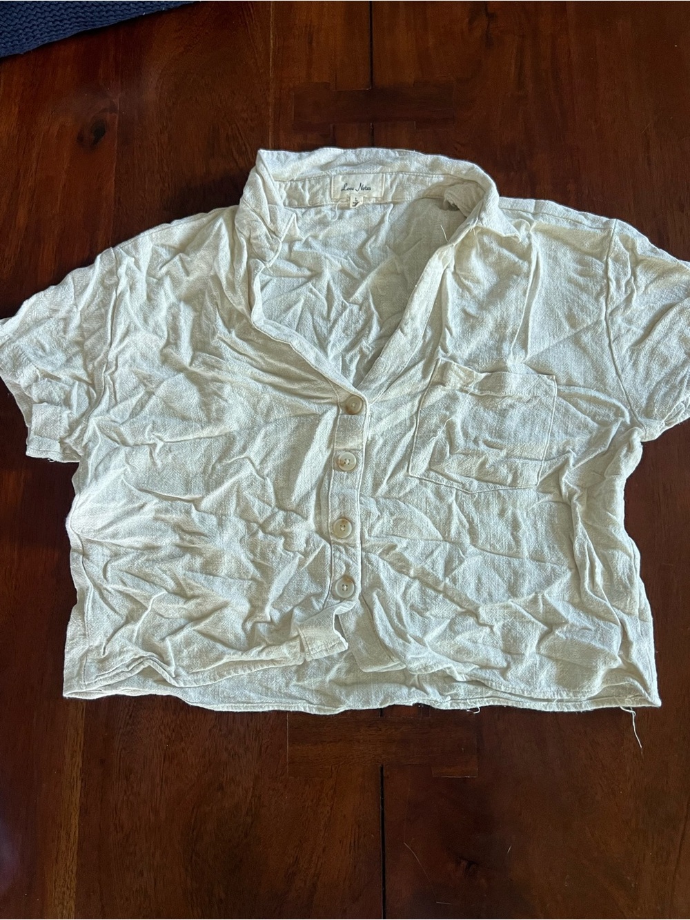 Love Notes Cream Short-Sleeve Button Down Crop Top | Linen Blend | Size Medium
